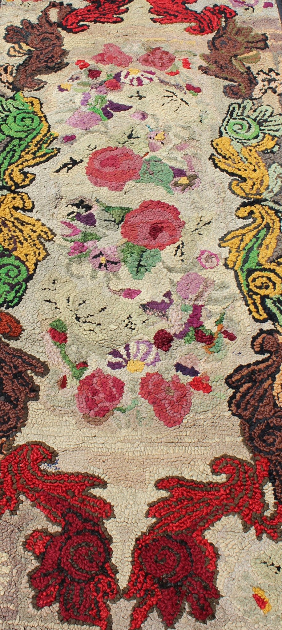 Keivan Woven Arts - American Hooked rug with red rose and yellow and multi colored flower bouquets, Keivan Woven Arts / rug G - 0305, country of origin / type: United States / Hooked, circa 1910 This antique American Hooked rug depicts beautiful f... - Keivan Woven ArtsG - 0305 - 1118Rug