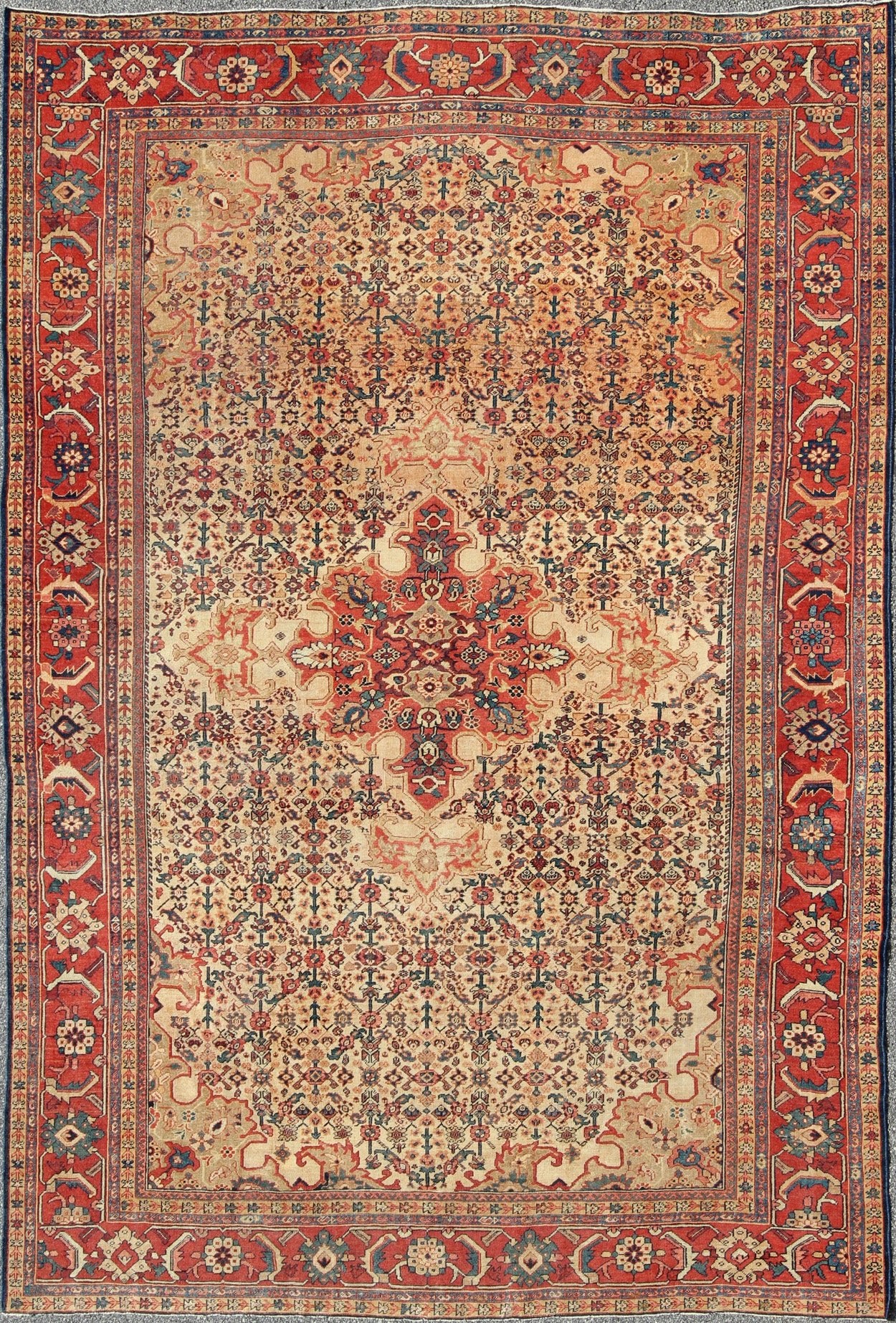 Antique Persian Sultanabad with Medallion in Yellow Cream, Blue Red and Green Measures: 8'10 x 12'4 Antique Persian Sultanabad Rug, Keivan Woven Arts: rug/ G - 0405; Country of Origin: Iran; Type: Sultanabad; Design: Floral, Medallion, Pers... - Keivan Woven ArtsG - 0405 - 1714Rug