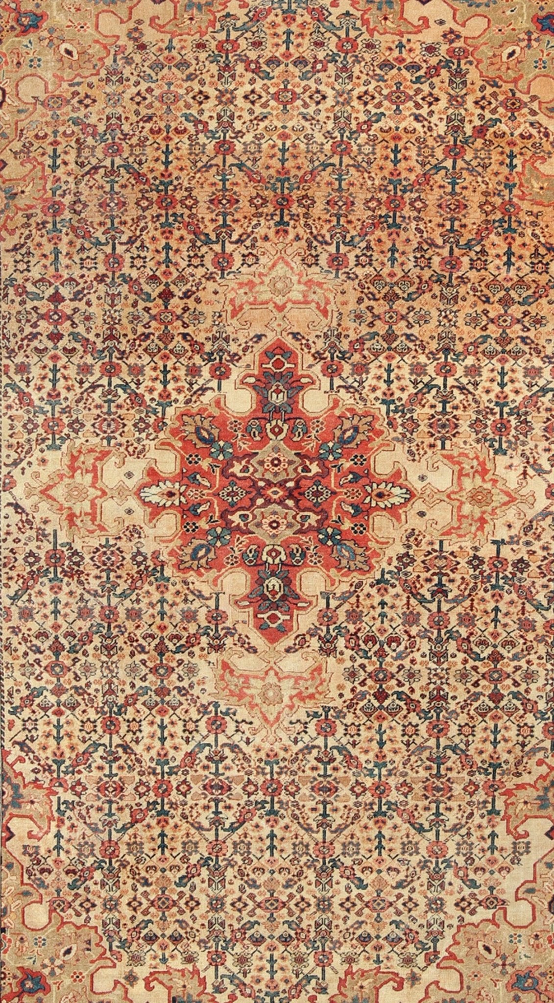 Antique Persian Sultanabad with Medallion in Yellow Cream, Blue Red and Green Measures: 8'10 x 12'4 Antique Persian Sultanabad Rug, Keivan Woven Arts: rug/ G - 0405; Country of Origin: Iran; Type: Sultanabad; Design: Floral, Medallion, Pers... - Keivan Woven ArtsG - 0405 - 1714Rug