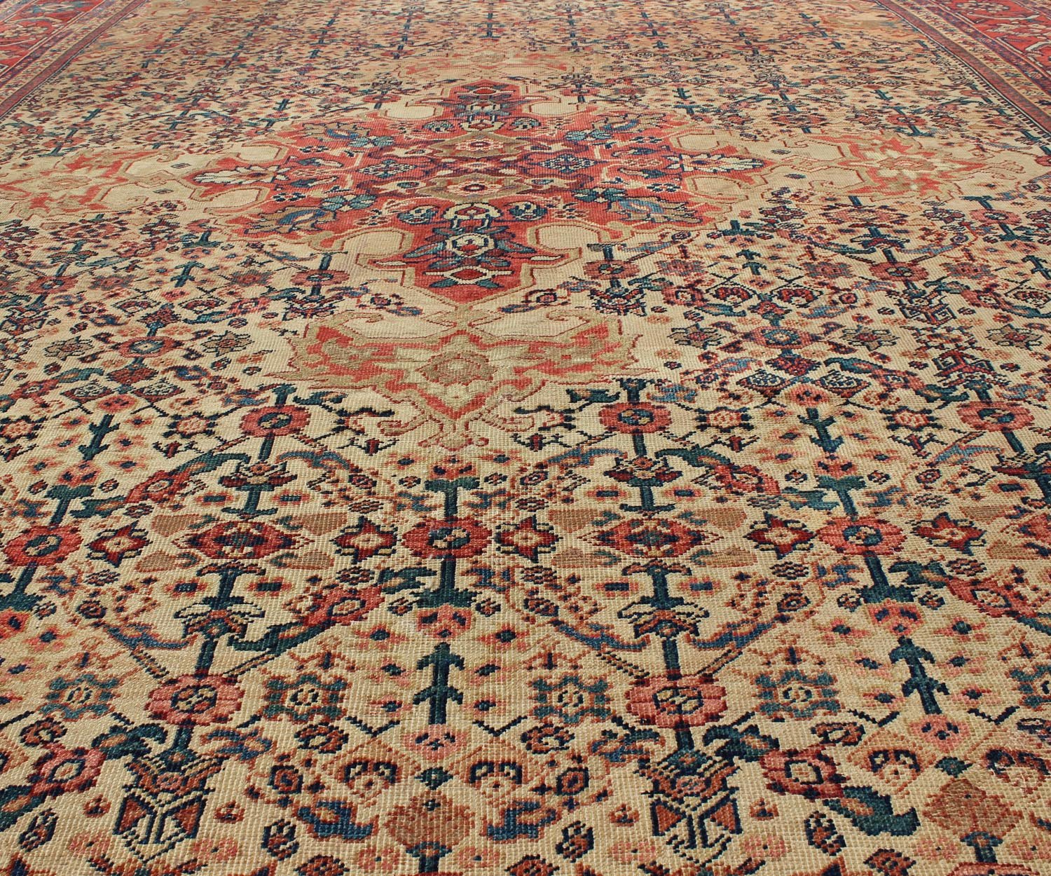 Antique Persian Sultanabad with Medallion in Yellow Cream, Blue Red and Green Measures: 8'10 x 12'4 Antique Persian Sultanabad Rug, Keivan Woven Arts: rug/ G - 0405; Country of Origin: Iran; Type: Sultanabad; Design: Floral, Medallion, Pers... - Keivan Woven ArtsG - 0405 - 1714Rug