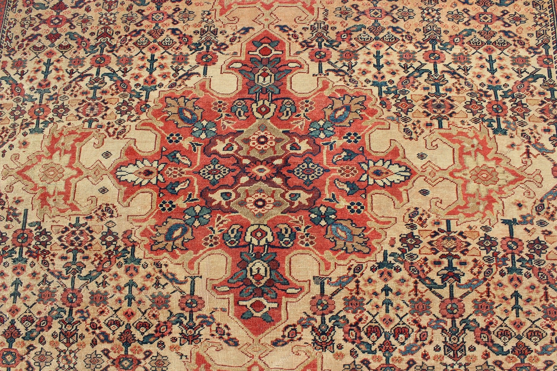 Antique Persian Sultanabad with Medallion in Yellow Cream, Blue Red and Green Measures: 8'10 x 12'4 Antique Persian Sultanabad Rug, Keivan Woven Arts: rug/ G - 0405; Country of Origin: Iran; Type: Sultanabad; Design: Floral, Medallion, Pers... - Keivan Woven ArtsG - 0405 - 1714Rug