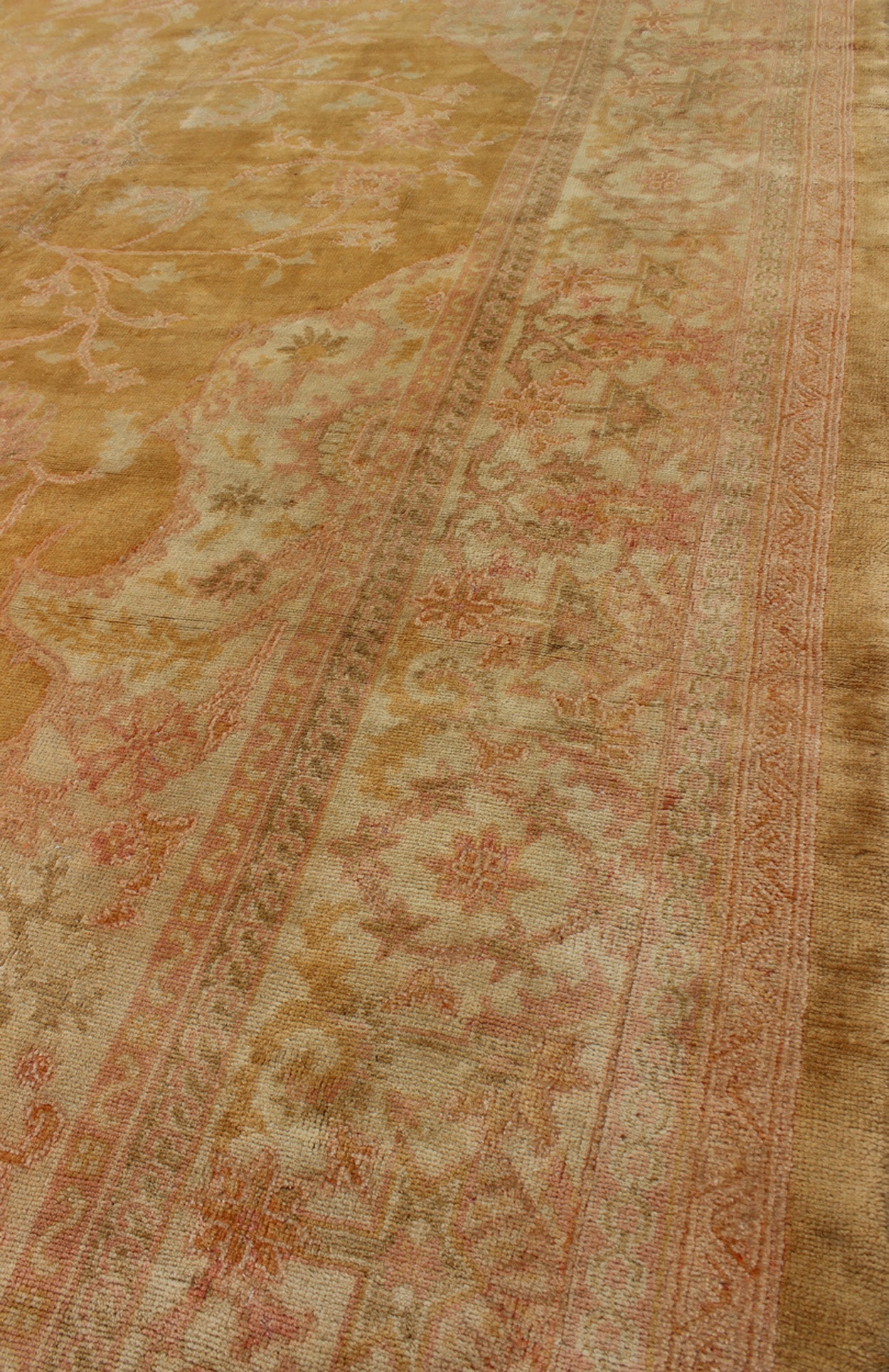 Stunning antique fine Burlu Oushak rug in gold, salmon, pink, soft green and neutral tones. Keivan Woven Arts / rug G - 0705, country of origin / type: Turkey / Oushak, circa Late 19th - century Measures: 11'10 x 14'5. This finely woven antique Burlu... - Keivan Woven ArtsG - 0705 - 421Rug