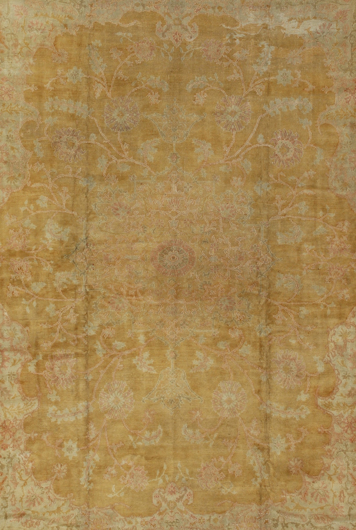 Stunning antique fine Burlu Oushak rug in gold, salmon, pink, soft green and neutral tones. Keivan Woven Arts / rug G - 0705, country of origin / type: Turkey / Oushak, circa Late 19th - century Measures: 11'10 x 14'5. This finely woven antique Burlu... - Keivan Woven ArtsG - 0705 - 421Rug