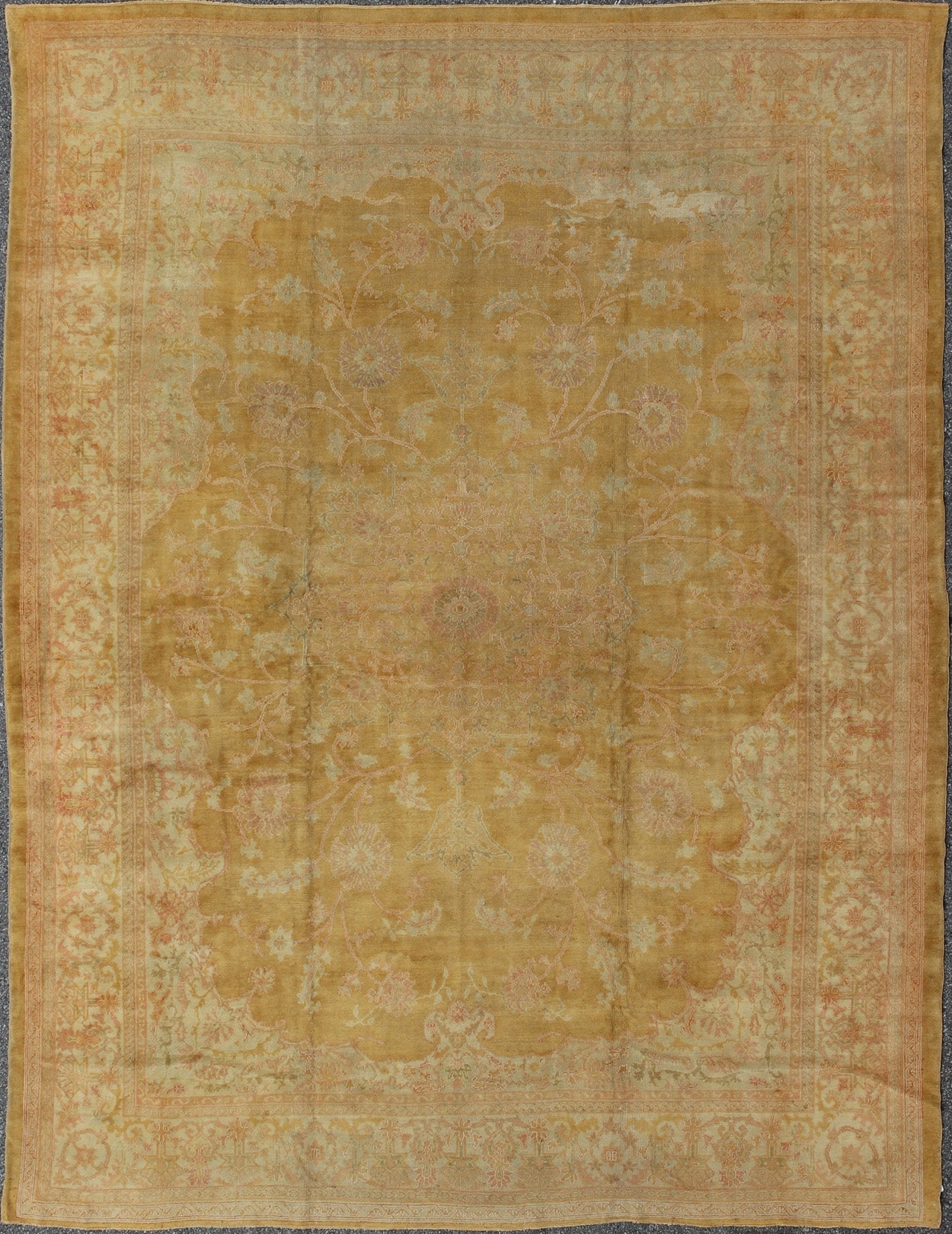 Stunning antique fine Burlu Oushak rug in gold, salmon, pink, soft green and neutral tones. Keivan Woven Arts / rug G - 0705, country of origin / type: Turkey / Oushak, circa Late 19th - century Measures: 11'10 x 14'5. This finely woven antique Burlu... - Keivan Woven ArtsG - 0705 - 421Rug