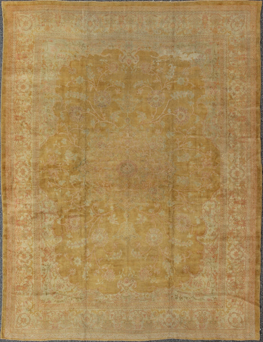 Stunning antique fine Burlu Oushak rug in gold, salmon, pink, soft green and neutral tones. Keivan Woven Arts / rug G - 0705, country of origin / type: Turkey / Oushak, circa Late 19th - century Measures: 11'10 x 14'5. This finely woven antique Burlu... - Keivan Woven ArtsG - 0705 - 421Rug