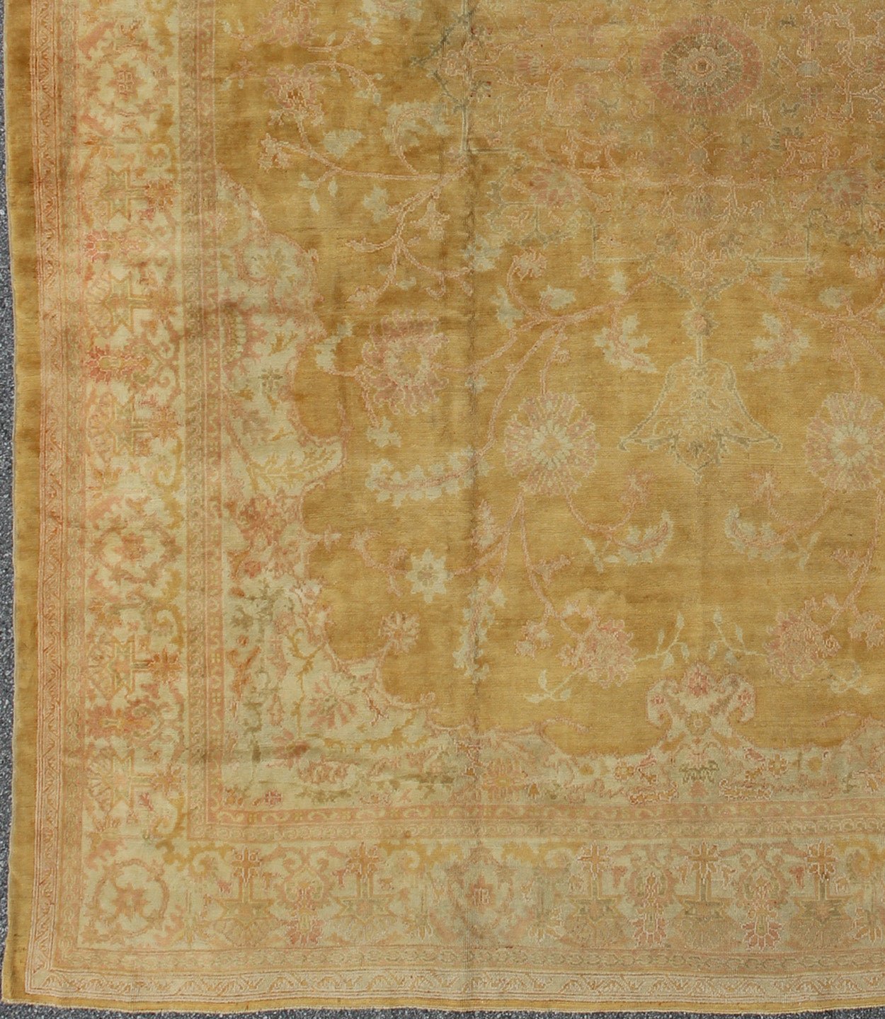 Stunning antique fine Burlu Oushak rug in gold, salmon, pink, soft green and neutral tones. Keivan Woven Arts / rug G - 0705, country of origin / type: Turkey / Oushak, circa Late 19th - century Measures: 11'10 x 14'5. This finely woven antique Burlu... - Keivan Woven ArtsG - 0705 - 421Rug