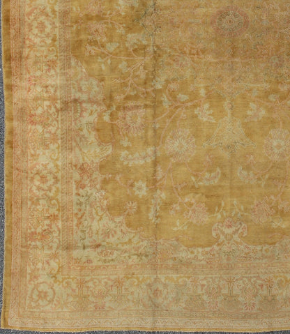 Stunning antique fine Burlu Oushak rug in gold, salmon, pink, soft green and neutral tones. Keivan Woven Arts / rug G - 0705, country of origin / type: Turkey / Oushak, circa Late 19th - century Measures: 11'10 x 14'5. This finely woven antique Burlu... - Keivan Woven ArtsG - 0705 - 421Rug