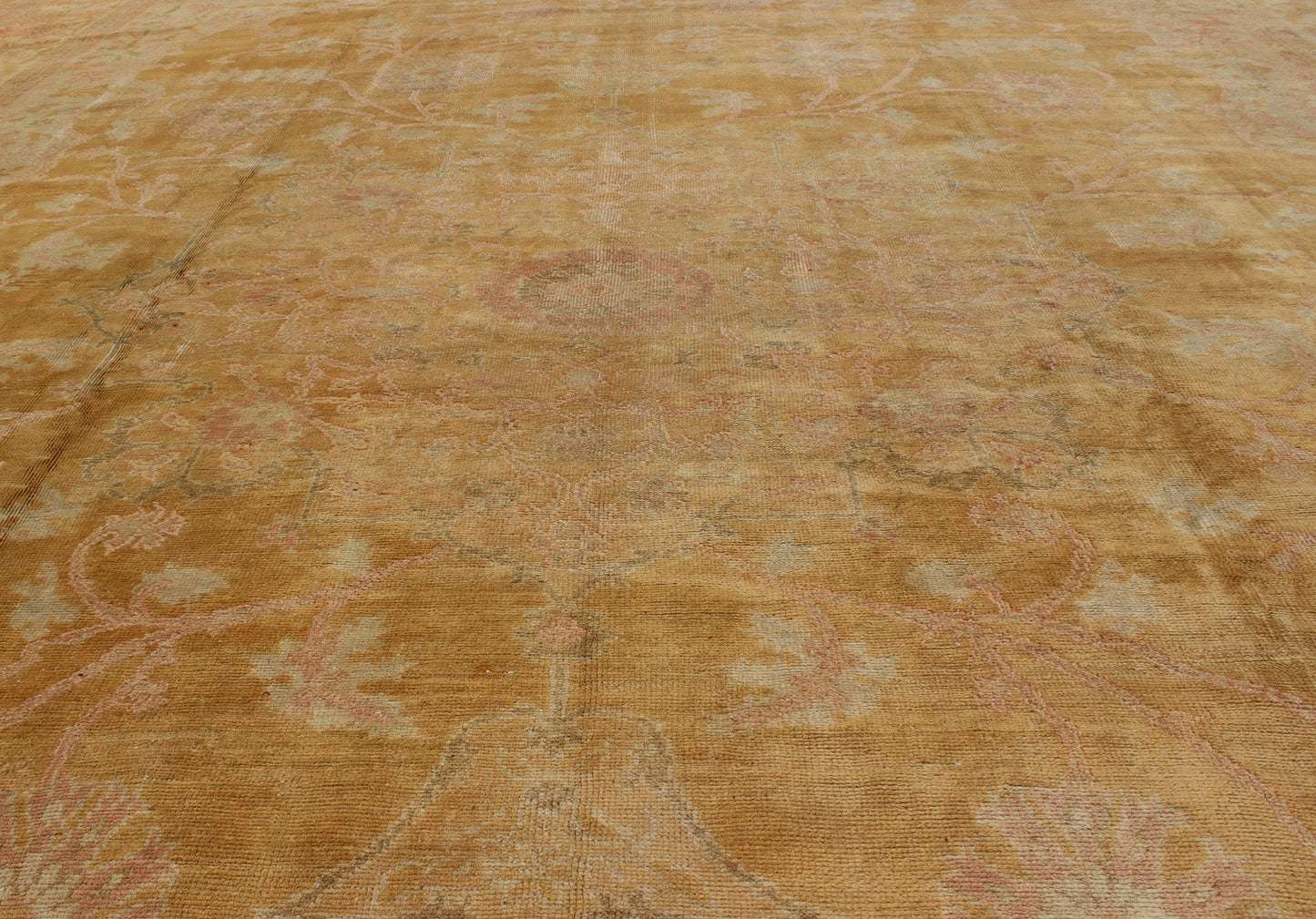Stunning antique fine Burlu Oushak rug in gold, salmon, pink, soft green and neutral tones. Keivan Woven Arts / rug G - 0705, country of origin / type: Turkey / Oushak, circa Late 19th - century Measures: 11'10 x 14'5. This finely woven antique Burlu... - Keivan Woven ArtsG - 0705 - 421Rug