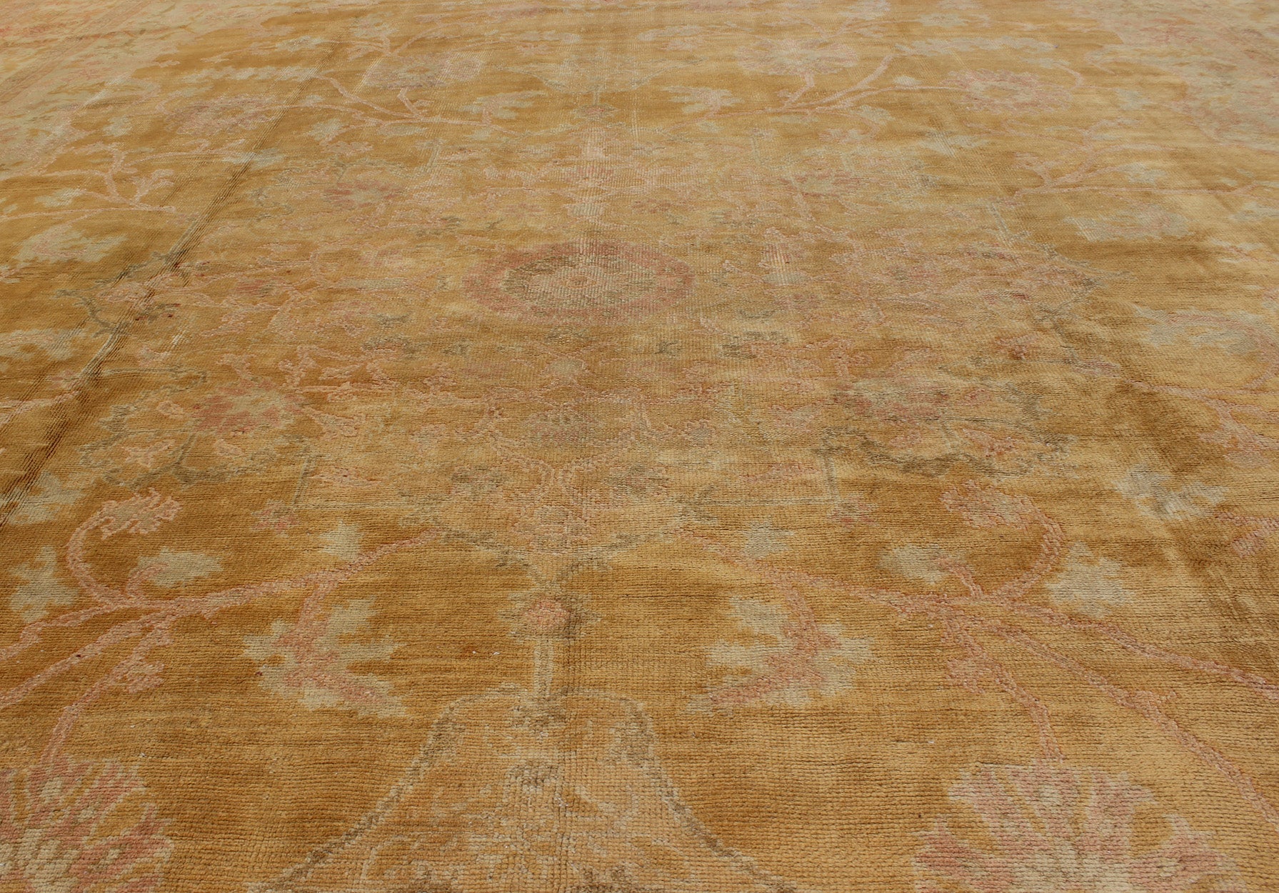 Stunning antique fine Burlu Oushak rug in gold, salmon, pink, soft green and neutral tones. Keivan Woven Arts / rug G - 0705, country of origin / type: Turkey / Oushak, circa Late 19th - century Measures: 11'10 x 14'5. This finely woven antique Burlu... - Keivan Woven ArtsG - 0705 - 421Rug