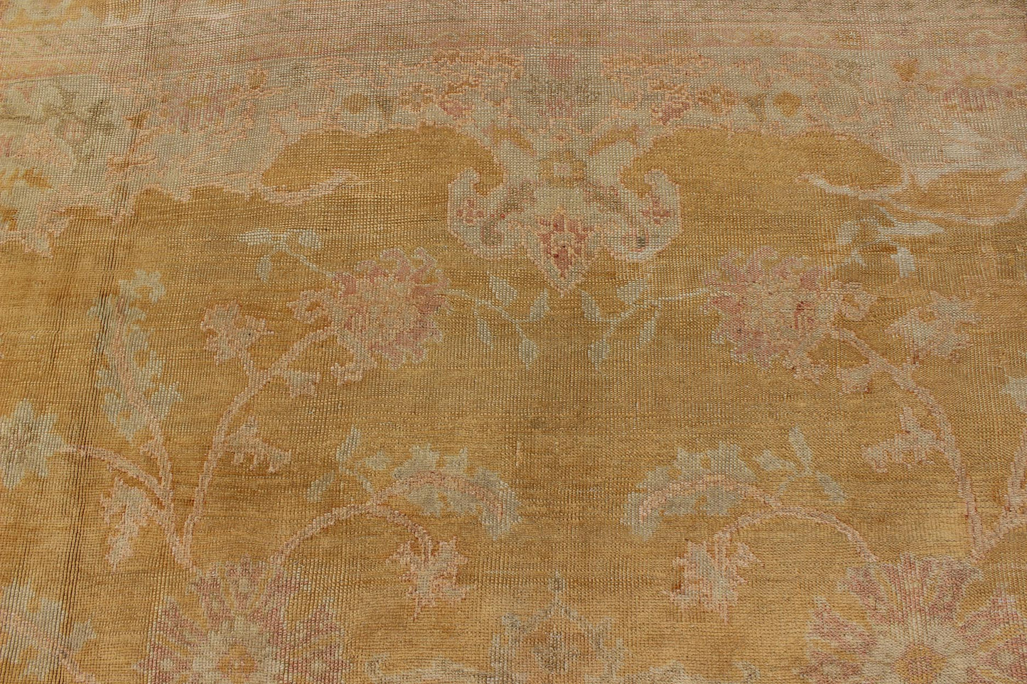 Stunning antique fine Burlu Oushak rug in gold, salmon, pink, soft green and neutral tones. Keivan Woven Arts / rug G - 0705, country of origin / type: Turkey / Oushak, circa Late 19th - century Measures: 11'10 x 14'5. This finely woven antique Burlu... - Keivan Woven ArtsG - 0705 - 421Rug