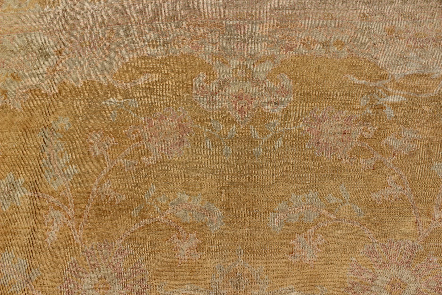 Stunning antique fine Burlu Oushak rug in gold, salmon, pink, soft green and neutral tones. Keivan Woven Arts / rug G - 0705, country of origin / type: Turkey / Oushak, circa Late 19th - century Measures: 11'10 x 14'5. This finely woven antique Burlu... - Keivan Woven ArtsG - 0705 - 421Rug