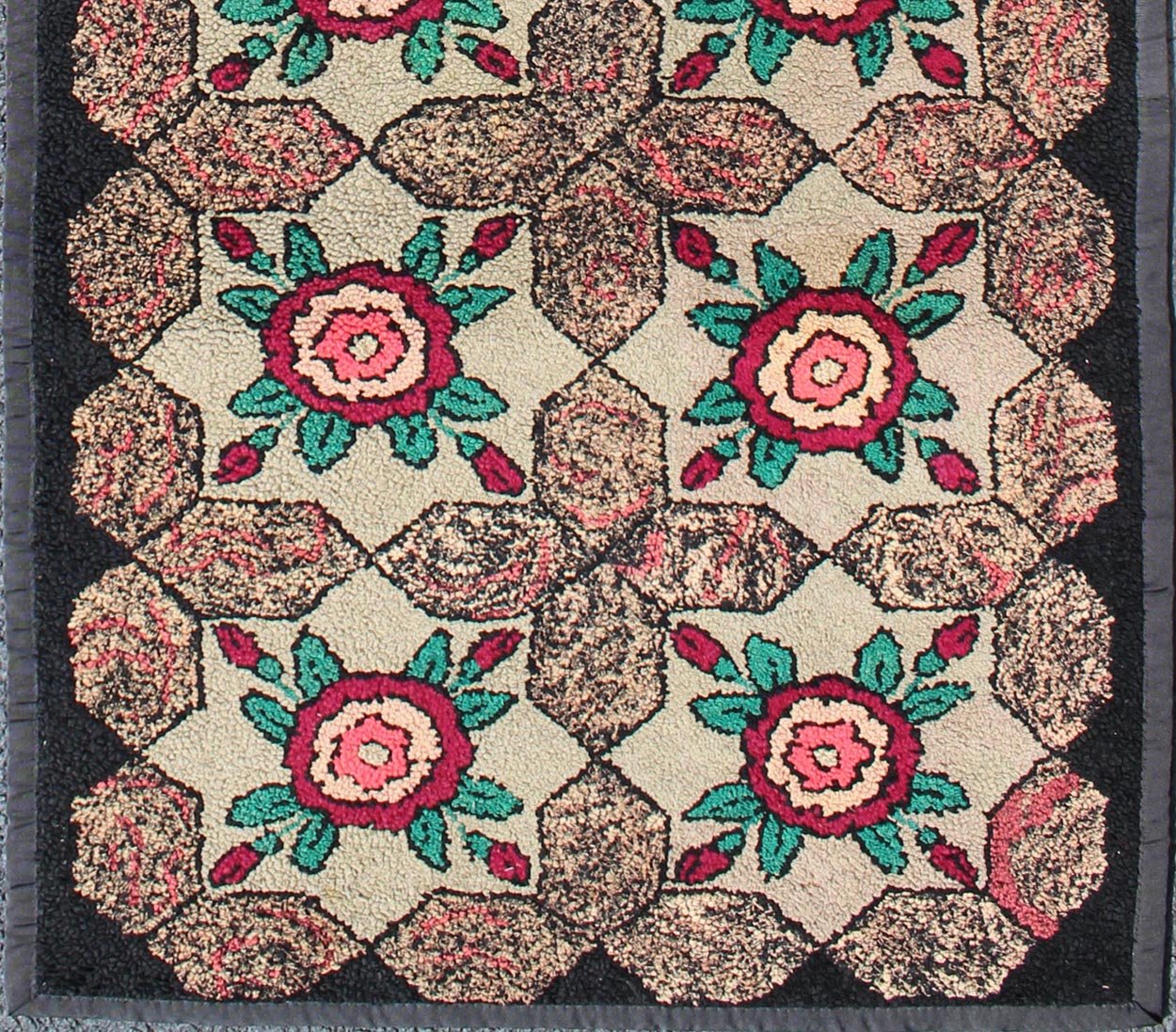 Keivan Woven Arts - Repeating Floral - Leaf Design American Hooked Rug in Brown, Green, and Red Floral antique American hooked rug with flower designs, rug G - 0802, country of origin / type: United States / Hooked, circa 1910 Ingenious in sty... - Keivan Woven ArtsG - 0802 - 1534Rug
