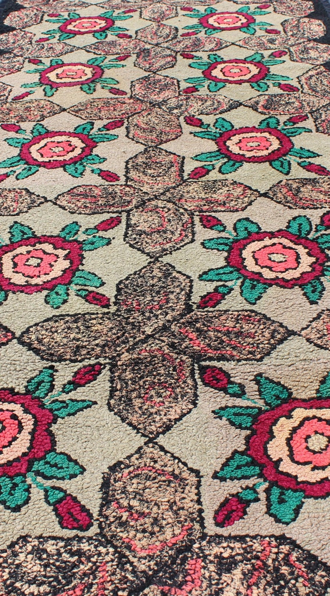 Keivan Woven Arts - Repeating Floral - Leaf Design American Hooked Rug in Brown, Green, and Red Floral antique American hooked rug with flower designs, rug G - 0802, country of origin / type: United States / Hooked, circa 1910 Ingenious in sty... - Keivan Woven ArtsG - 0802 - 1534Rug