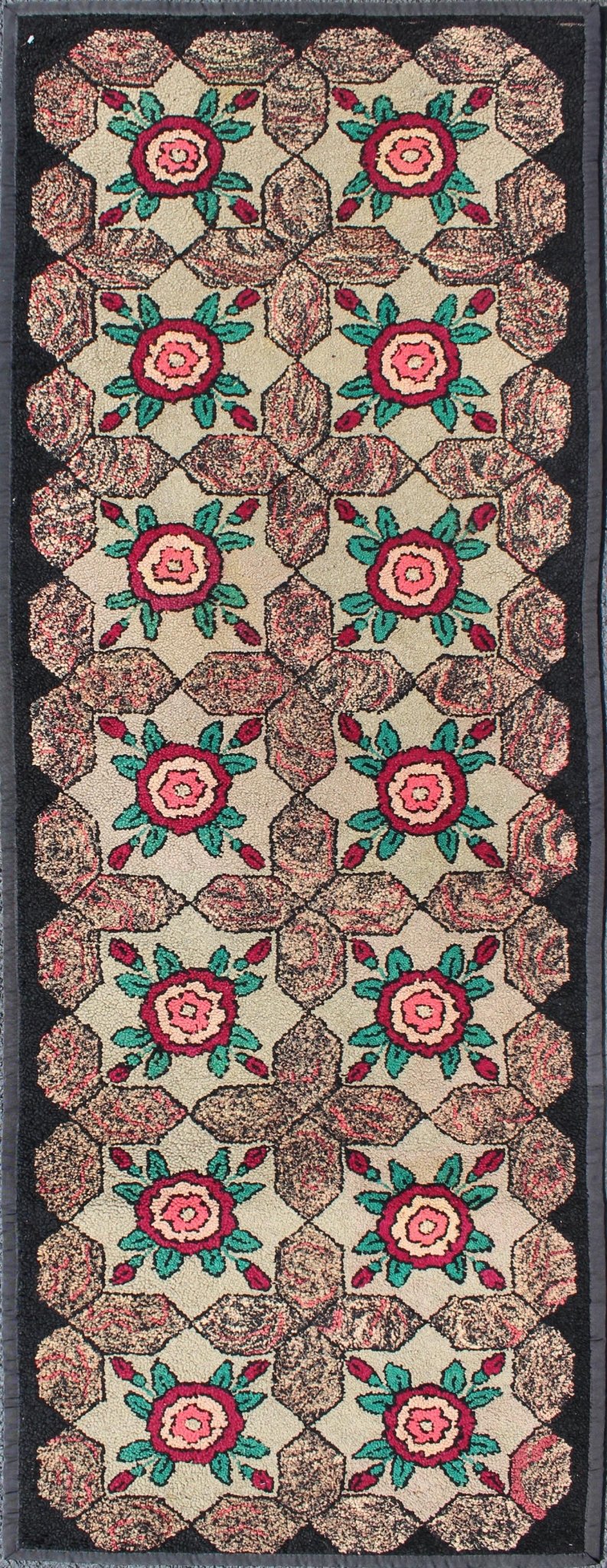 Keivan Woven Arts - Repeating Floral - Leaf Design American Hooked Rug in Brown, Green, and Red Floral antique American hooked rug with flower designs, rug G - 0802, country of origin / type: United States / Hooked, circa 1910 Ingenious in sty... - Keivan Woven ArtsG - 0802 - 1534Rug