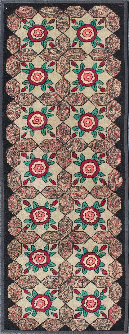 Keivan Woven Arts - Repeating Floral - Leaf Design American Hooked Rug in Brown, Green, and Red Floral antique American hooked rug with flower designs, rug G - 0802, country of origin / type: United States / Hooked, circa 1910 Ingenious in sty... - Keivan Woven ArtsG - 0802 - 1534Rug