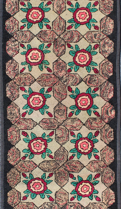 Keivan Woven Arts - Repeating Floral - Leaf Design American Hooked Rug in Brown, Green, and Red Floral antique American hooked rug with flower designs, rug G - 0802, country of origin / type: United States / Hooked, circa 1910 Ingenious in sty... - Keivan Woven ArtsG - 0802 - 1534Rug