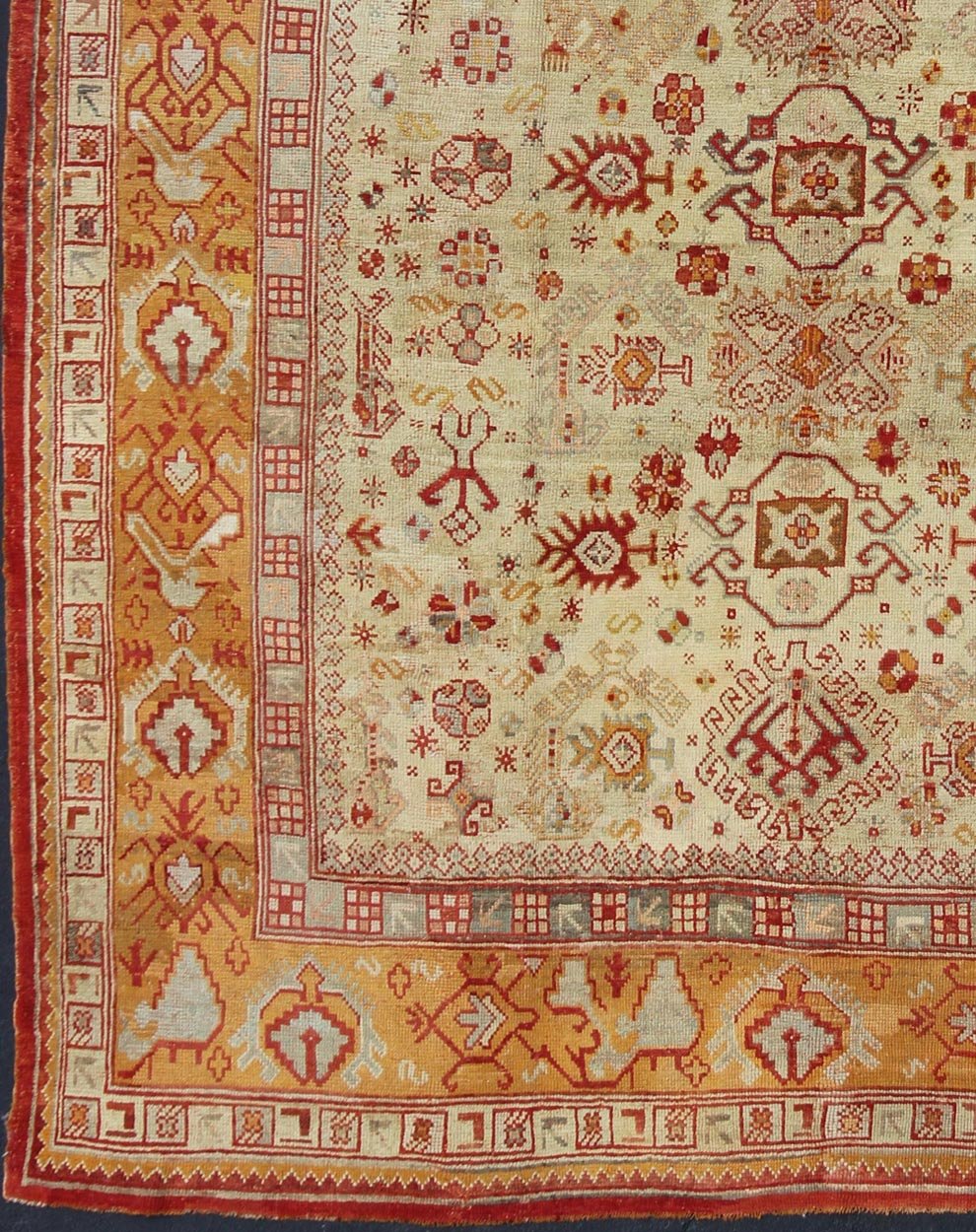 Antique Turkish Oushak Carpet With All - Over Design In Red, Taupe, and Orange. Keivan Woven Arts; rug G - 0901, Country of Origin: Turkey Type: Antique Oushak Design: Floral, Sub - Geometric, All - Over. Measures: 10'5 x 12'5. This impressive Oushak car... - Keivan Woven ArtsG - 0901 - 551Rug