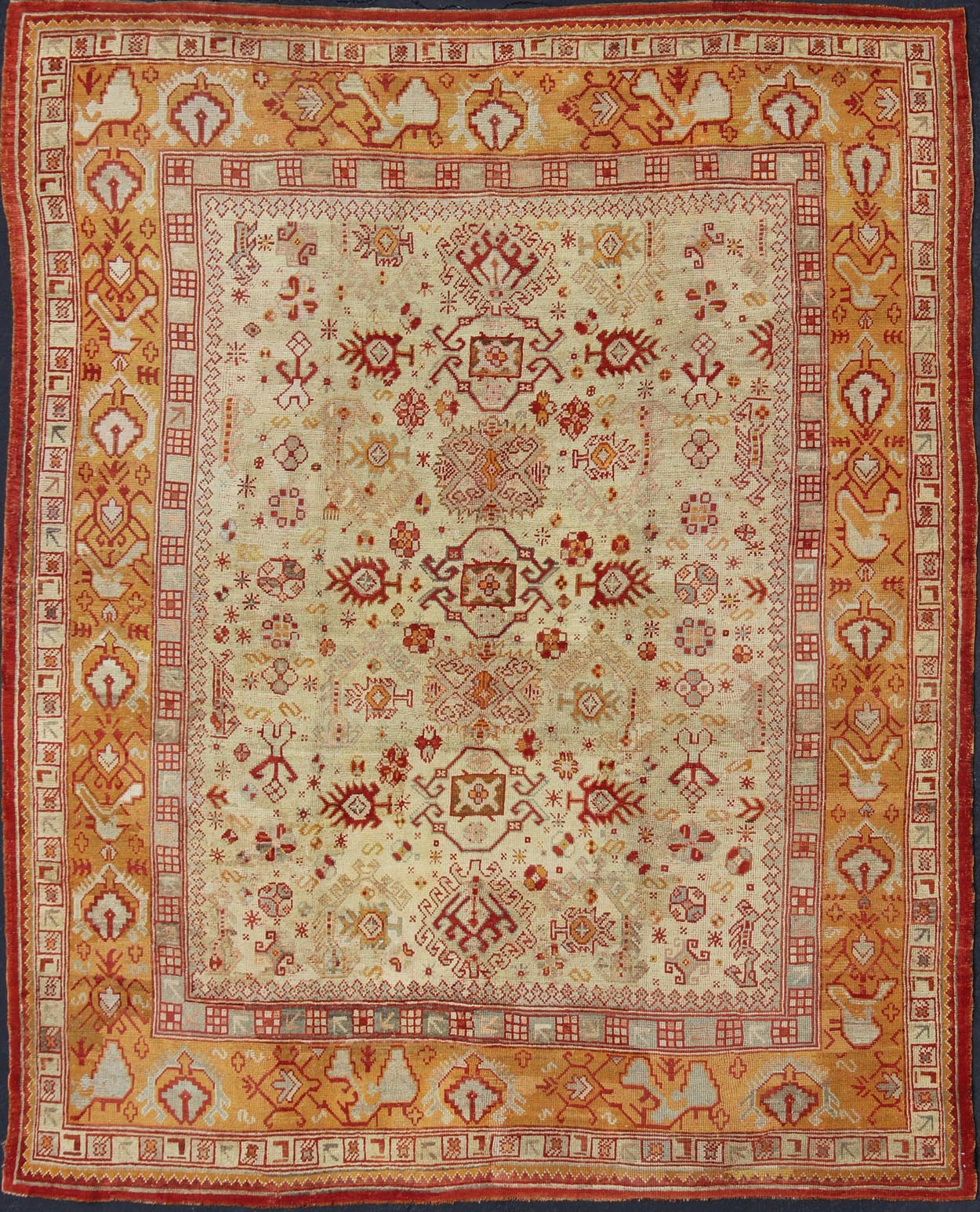 Antique Turkish Oushak Carpet With All - Over Design In Red, Taupe, and Orange. Keivan Woven Arts; rug G - 0901, Country of Origin: Turkey Type: Antique Oushak Design: Floral, Sub - Geometric, All - Over. Measures: 10'5 x 12'5. This impressive Oushak car... - Keivan Woven ArtsG - 0901 - 551Rug