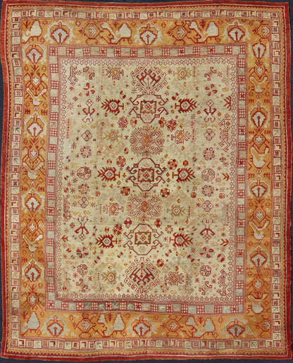 Antique Turkish Oushak Carpet With All - Over Design In Red, Taupe, and Orange. Keivan Woven Arts; rug G - 0901, Country of Origin: Turkey Type: Antique Oushak Design: Floral, Sub - Geometric, All - Over. Measures: 10'5 x 12'5. This impressive Oushak car... - Keivan Woven ArtsG - 0901 - 551Rug