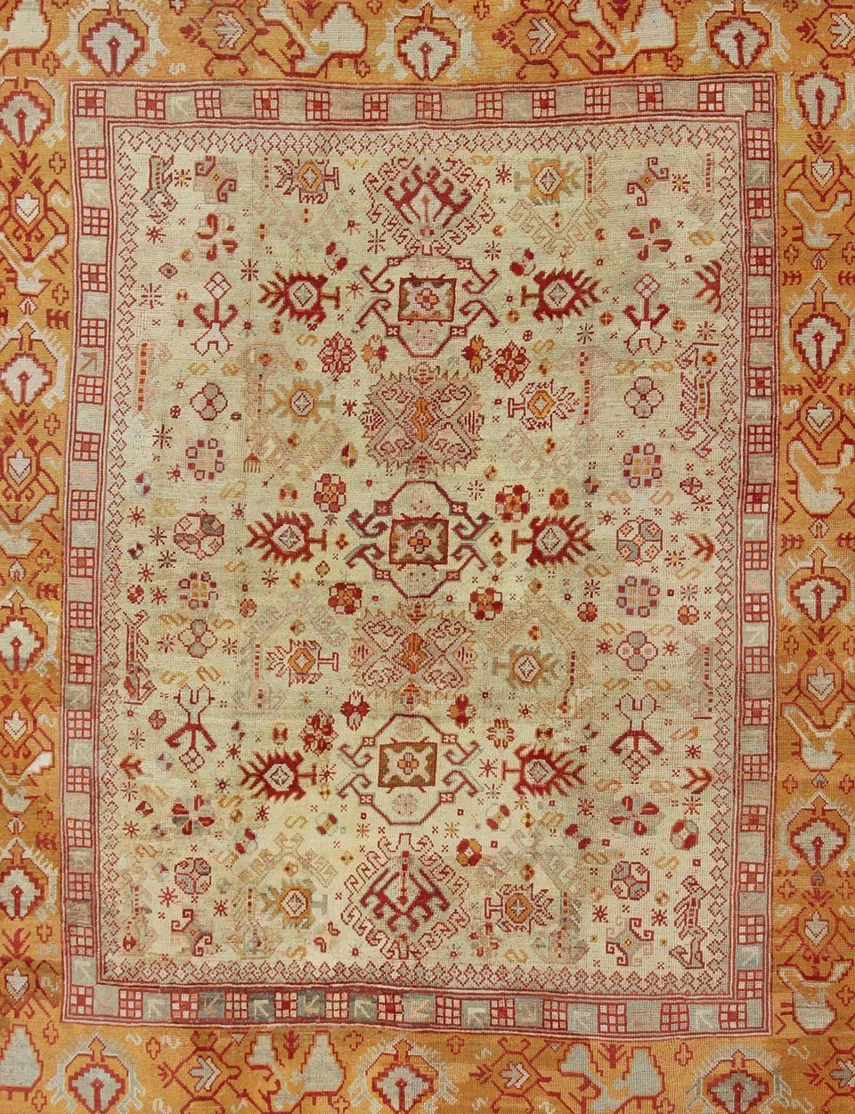 Antique Turkish Oushak Carpet With All - Over Design In Red, Taupe, and Orange. Keivan Woven Arts; rug G - 0901, Country of Origin: Turkey Type: Antique Oushak Design: Floral, Sub - Geometric, All - Over. Measures: 10'5 x 12'5. This impressive Oushak car... - Keivan Woven ArtsG - 0901 - 551Rug