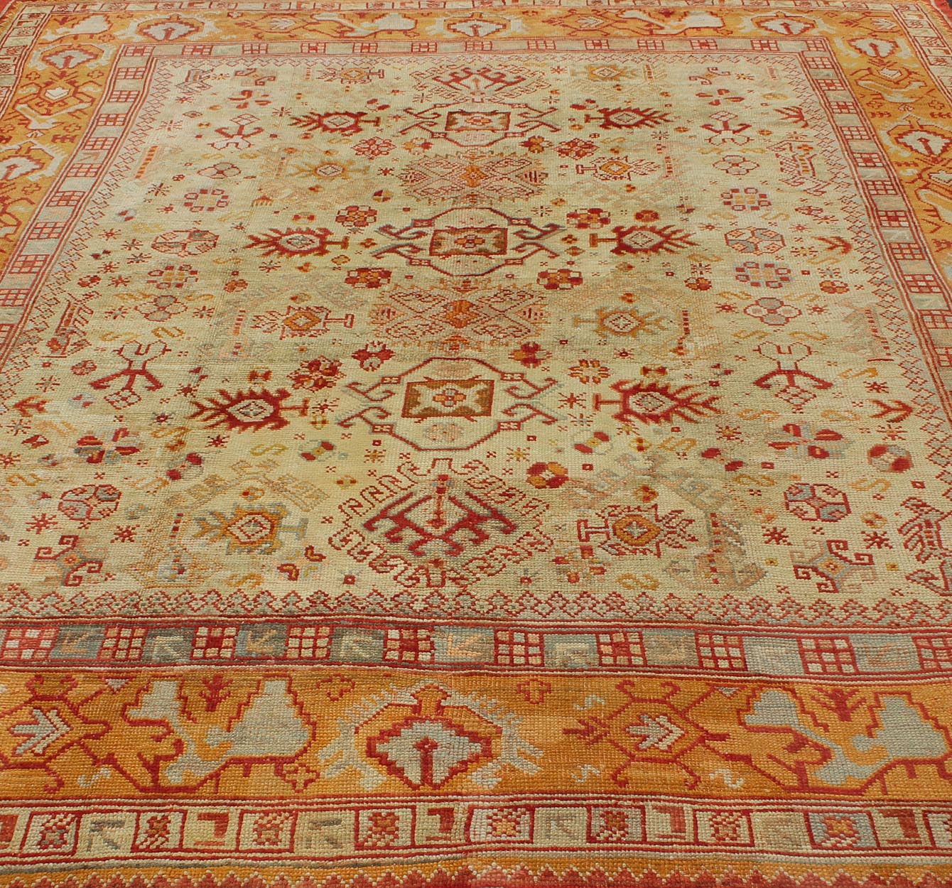 Antique Turkish Oushak Carpet With All - Over Design In Red, Taupe, and Orange. Keivan Woven Arts; rug G - 0901, Country of Origin: Turkey Type: Antique Oushak Design: Floral, Sub - Geometric, All - Over. Measures: 10'5 x 12'5. This impressive Oushak car... - Keivan Woven ArtsG - 0901 - 551Rug