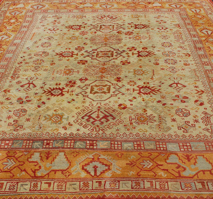 Antique Turkish Oushak Carpet With All - Over Design In Red, Taupe, and Orange. Keivan Woven Arts; rug G - 0901, Country of Origin: Turkey Type: Antique Oushak Design: Floral, Sub - Geometric, All - Over. Measures: 10'5 x 12'5. This impressive Oushak car... - Keivan Woven ArtsG - 0901 - 551Rug