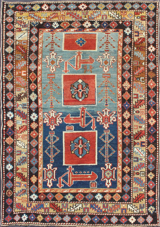 Antique Hand Knotted Qaraqashli Caucasian Rug with Tribal Medallion Design The archetypal motifs in this piece are accompanied by a tower of stacked polygons with small tribal design. Each decorative foil is embellished with eight - armed brac... - Keivan Woven ArtsG - 1203 - 2643Rug