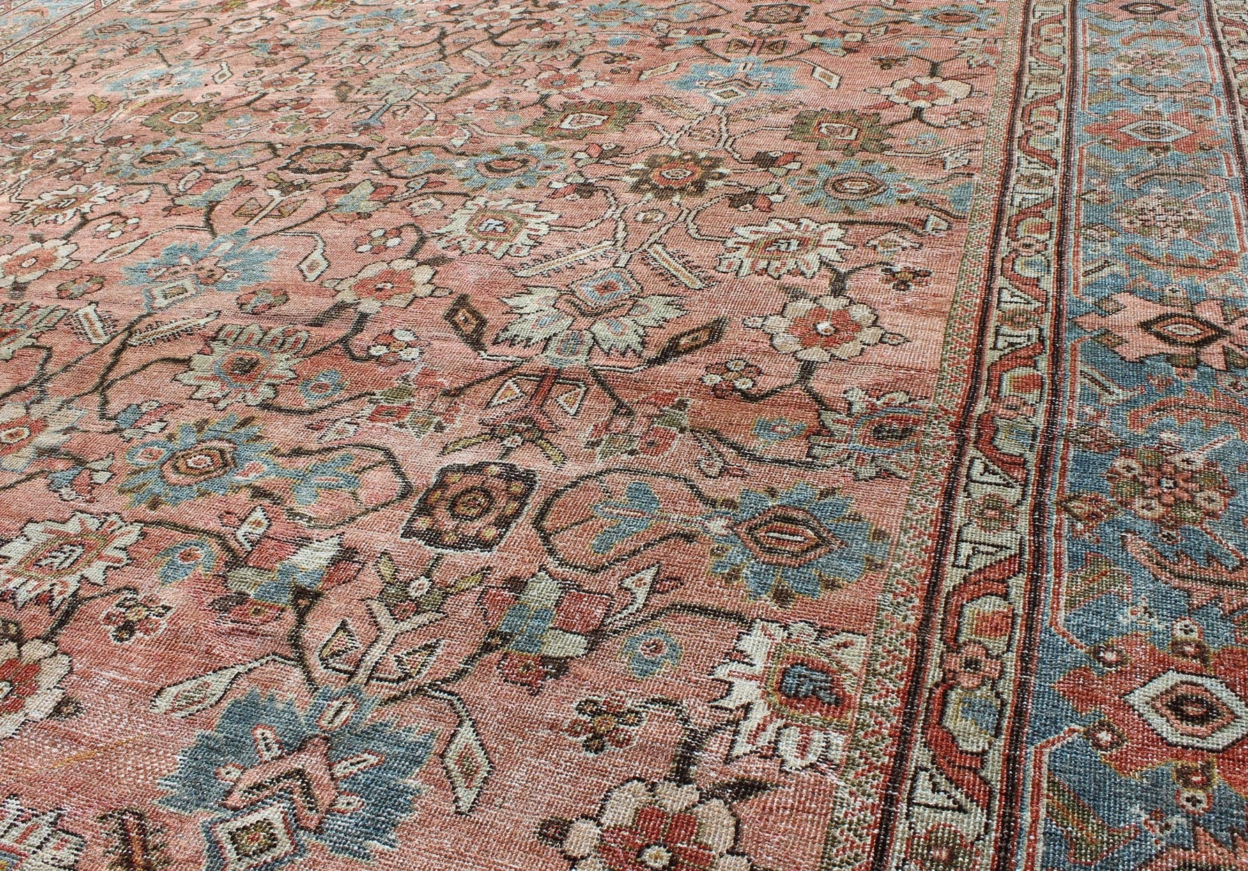 Antique sub - geometric Persian distressed Sultanabad rug with burnt orange field, blue Border, rug gld - 4777, country of origin / type: Iran / Sultanabad, circa 1910 This beautiful and large early 20th century antique Persian Sultanabad rug displa... - Keivan Woven ArtsGLD - 4777 - 9086Rug