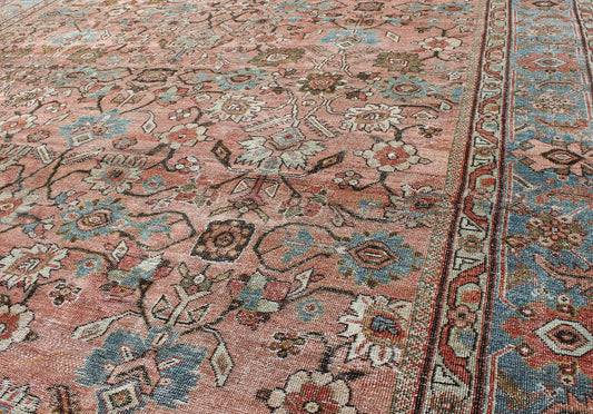 Antique sub - geometric Persian distressed Sultanabad rug with burnt orange field, blue Border, rug gld - 4777, country of origin / type: Iran / Sultanabad, circa 1910 This beautiful and large early 20th century antique Persian Sultanabad rug displa... - Keivan Woven ArtsGLD - 4777 - 9086Rug