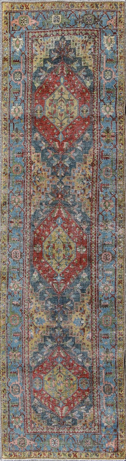 Heriz Runner Antique Persian with Three Sub - Geometric Medallions, rug gld - 6188, country of origin / type: Iran / Heriz Serapi, circa 1920 This magnificent Heriz Serapi runner (circa 1920) bears an exquisite design rendered in gorgeous hues of re... - Keivan Woven ArtsGLD - 6188 - 9090Rug