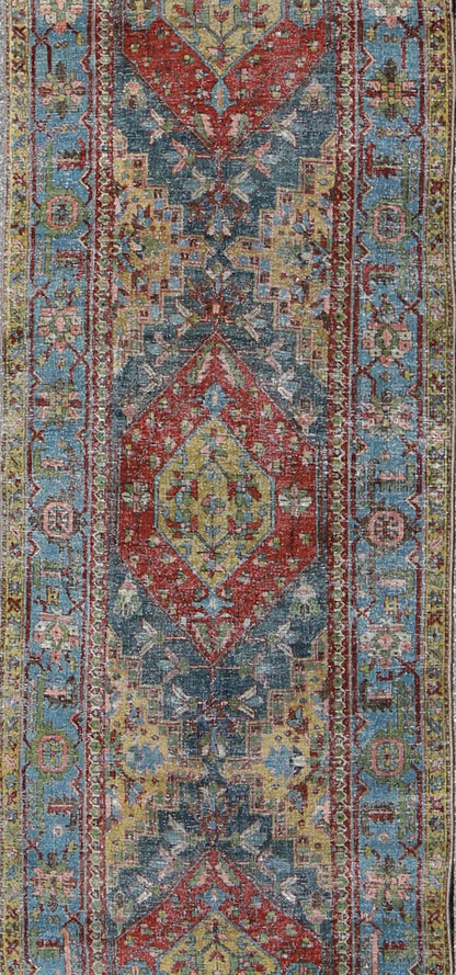 Heriz Runner Antique Persian with Three Sub - Geometric Medallions, rug gld - 6188, country of origin / type: Iran / Heriz Serapi, circa 1920 This magnificent Heriz Serapi runner (circa 1920) bears an exquisite design rendered in gorgeous hues of re... - Keivan Woven ArtsGLD - 6188 - 9090Rug