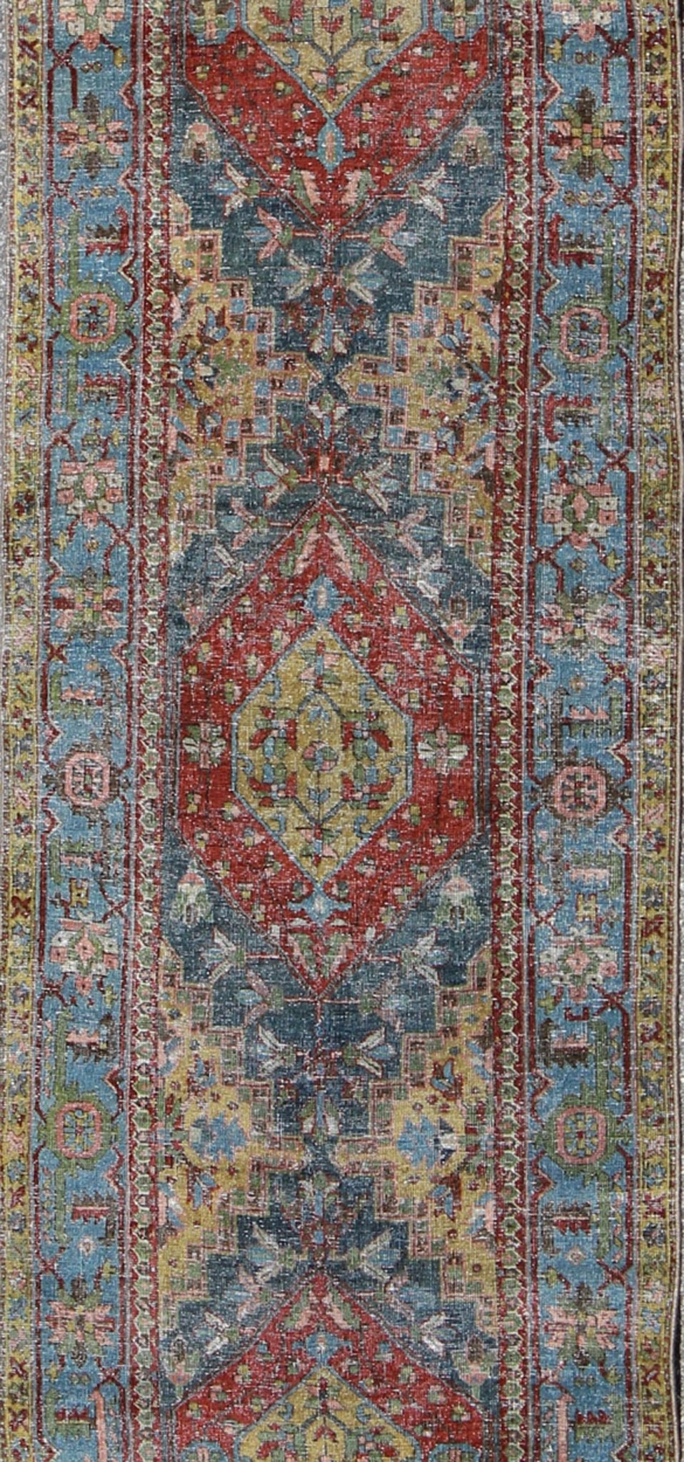 Heriz Runner Antique Persian with Three Sub - Geometric Medallions, rug gld - 6188, country of origin / type: Iran / Heriz Serapi, circa 1920 This magnificent Heriz Serapi runner (circa 1920) bears an exquisite design rendered in gorgeous hues of re... - Keivan Woven ArtsGLD - 6188 - 9090