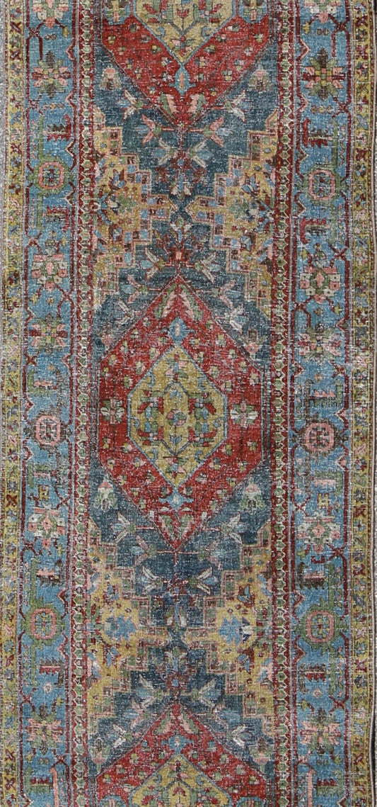 Heriz Runner Antique Persian with Three Sub - Geometric Medallions, rug gld - 6188, country of origin / type: Iran / Heriz Serapi, circa 1920 This magnificent Heriz Serapi runner (circa 1920) bears an exquisite design rendered in gorgeous hues of re... - Keivan Woven ArtsGLD - 6188 - 9090