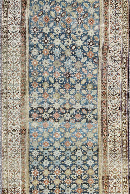 Colorful antique Persian Malayer runner with blue background, floral motifs, rug gld - 7362, country of origin / type: Iran / Malayer, circa 1910 This Persian Malayer runner from early 20th century Iran features an all - over geometric floral patter... - Keivan Woven ArtsGLD - 7362 - 9094Rug