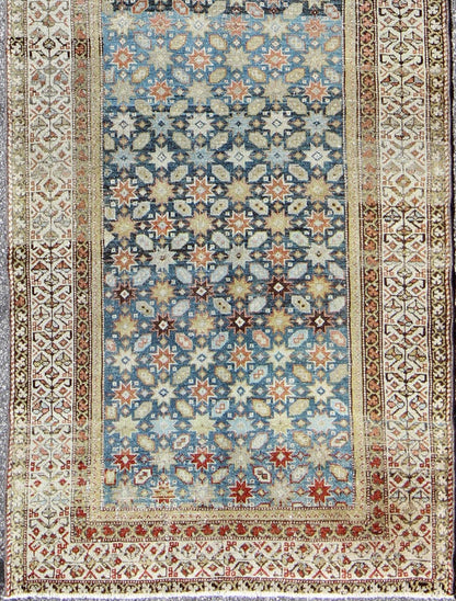 Colorful antique Persian Malayer runner with blue background, floral motifs, rug gld - 7362, country of origin / type: Iran / Malayer, circa 1910 This Persian Malayer runner from early 20th century Iran features an all - over geometric floral patter... - Keivan Woven ArtsGLD - 7362 - 9094Rug
