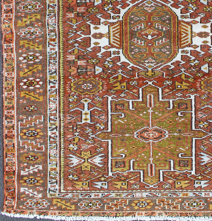 Olive Green, Yellow green, Rust Red Antique Persian Karadjeh Rug Geometric Design. Geometric layered Medallion design antique Karadjeh rug from Persia inrust red and olive and sharp yellow green colors, rug gng - 4736, country of origin / type: I... - Keivan Woven ArtsGNG - 4736 - 9890Rug