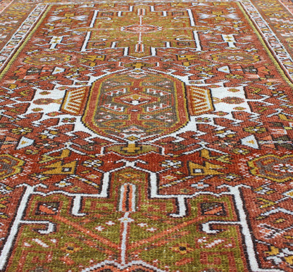 Olive Green, Yellow green, Rust Red Antique Persian Karadjeh Rug Geometric Design. Geometric layered Medallion design antique Karadjeh rug from Persia inrust red and olive and sharp yellow green colors, rug gng - 4736, country of origin / type: I... - Keivan Woven ArtsGNG - 4736 - 9890Rug