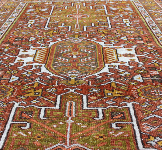 Olive Green, Yellow green, Rust Red Antique Persian Karadjeh Rug Geometric Design. Geometric layered Medallion design antique Karadjeh rug from Persia inrust red and olive and sharp yellow green colors, rug gng - 4736, country of origin / type: I... - Keivan Woven ArtsGNG - 4736 - 9890Rug