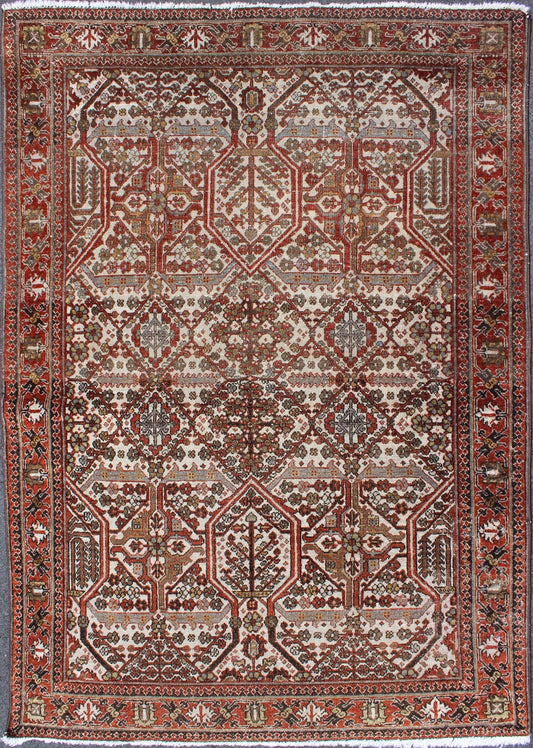 Antique Persian Joshegan Rug in Ivory Background with Red, Green and Blue This antique Joshegan rug from 1920s Iran was handwoven and bears a remarkably unique all - over interconnected Sub - geometric design, consisting mostly of diamond shapes and re... - Keivan Woven ArtsGNG - 4741 - 9898Rug