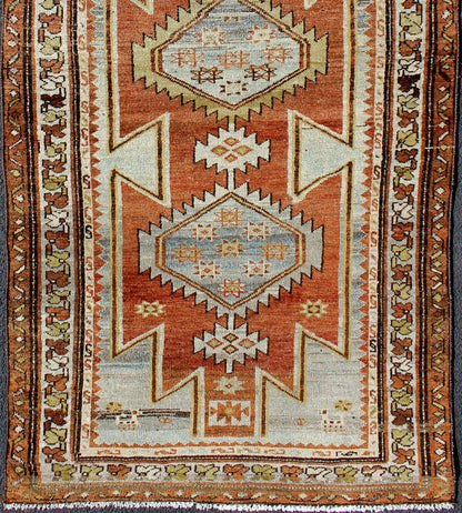 Burnt Orange Antique Hand Knotted Persian Hamedan Runner With Tribal Medallions Burnt orange antique Persian Hamedan runner with Tribal Medallions, Keivan Woven Arts / rug gng - 4742, country of origin / type: Iran / Hamedan, circa 1920 Thi... - Keivan Woven ArtsGNG - 4742 - 9902Rug
