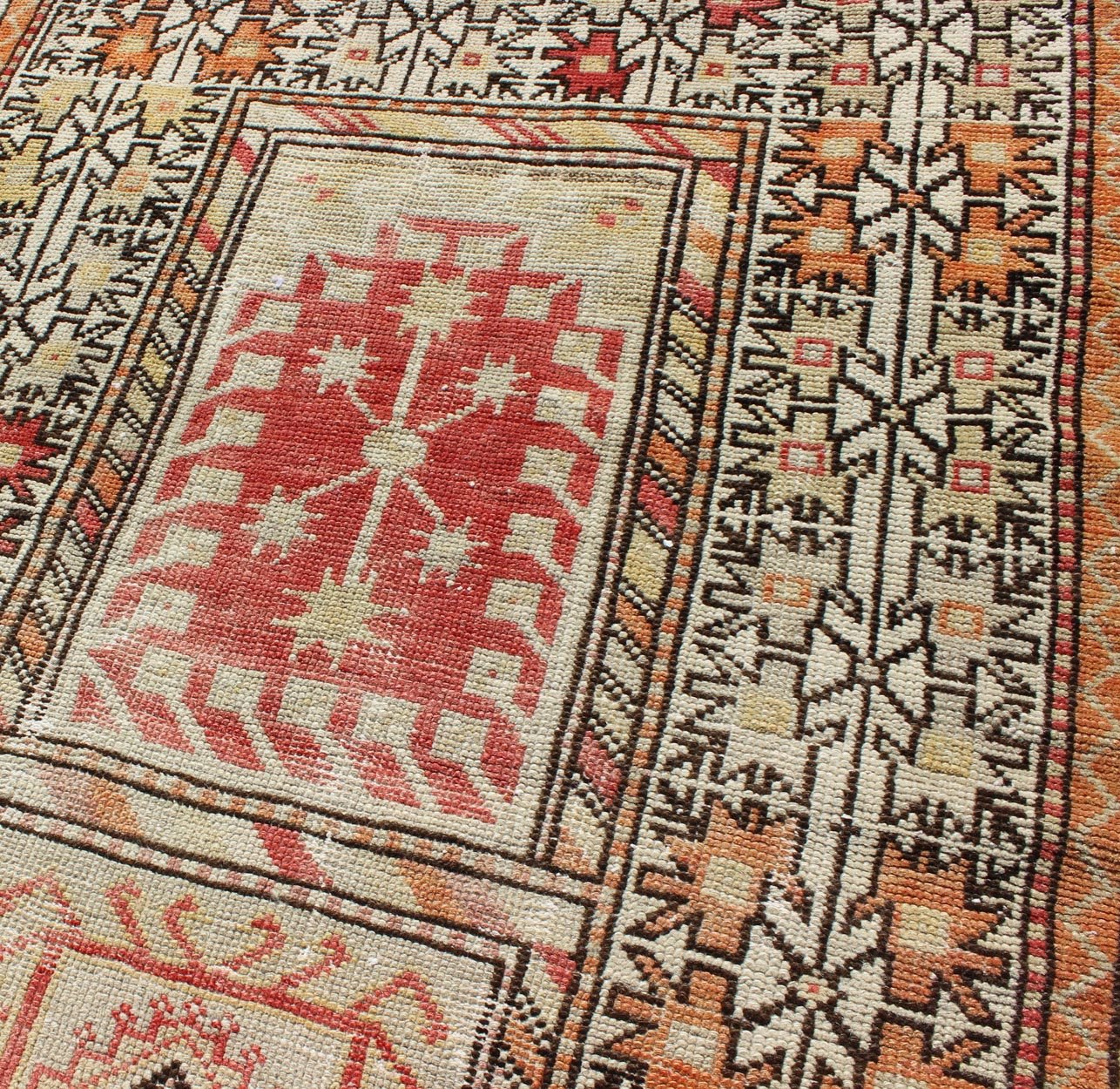 Tribal - Geometric Design Antique Turkish Oushak Rug in Burnt Orange and Brown Antique Oushak Rug from Turkey with Tribal and Geometric Motifs in Sunset - Colored Palette, rug gng - 4743, country of origin / type: Turkey / Oushak, circa 1920 T... - Keivan Woven ArtsGNG - 4743 - 9906Rug