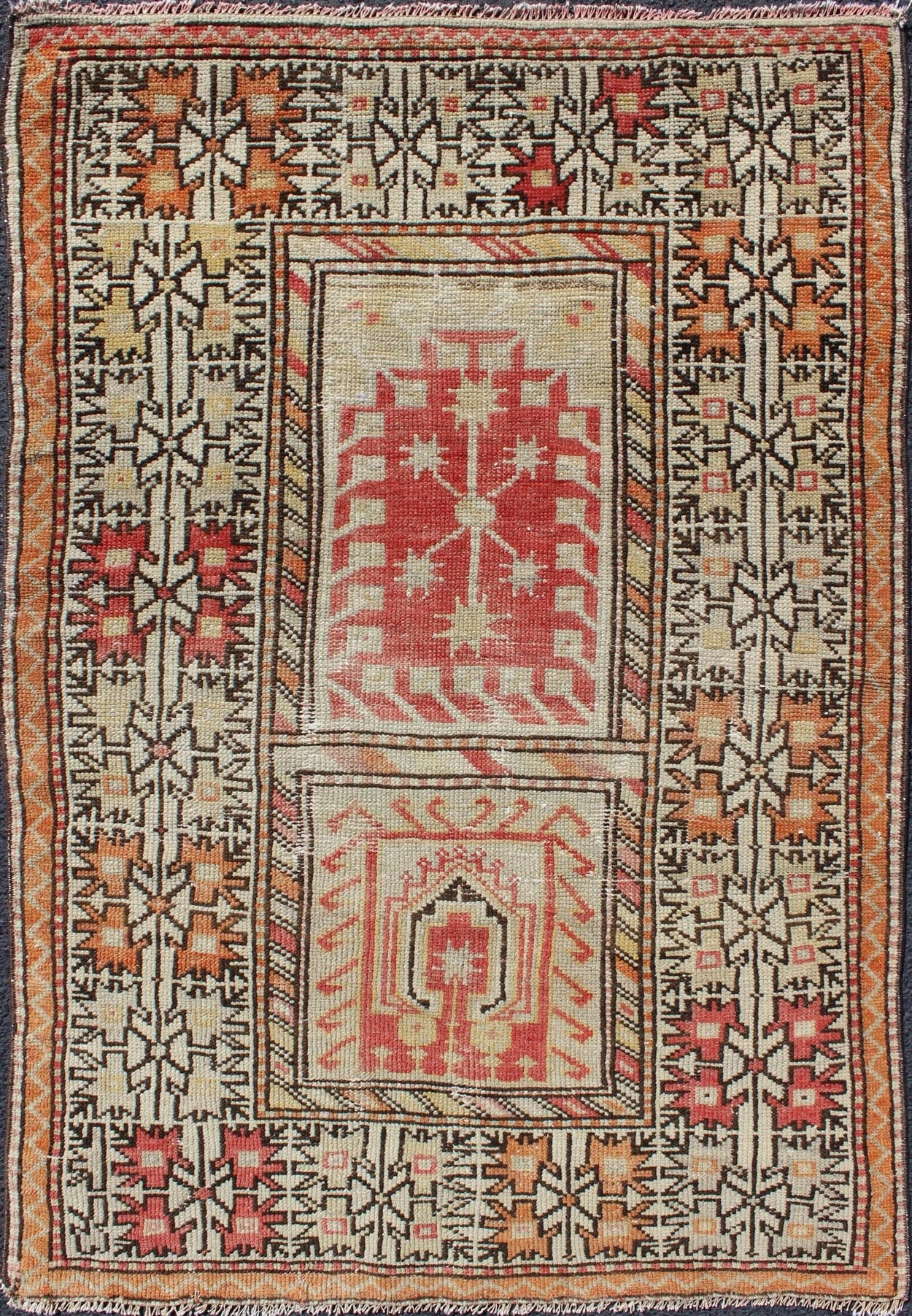 Tribal - Geometric Design Antique Turkish Oushak Rug in Burnt Orange and Brown Antique Oushak Rug from Turkey with Tribal and Geometric Motifs in Sunset - Colored Palette, rug gng - 4743, country of origin / type: Turkey / Oushak, circa 1920 T... - Keivan Woven ArtsGNG - 4743 - 9906Rug