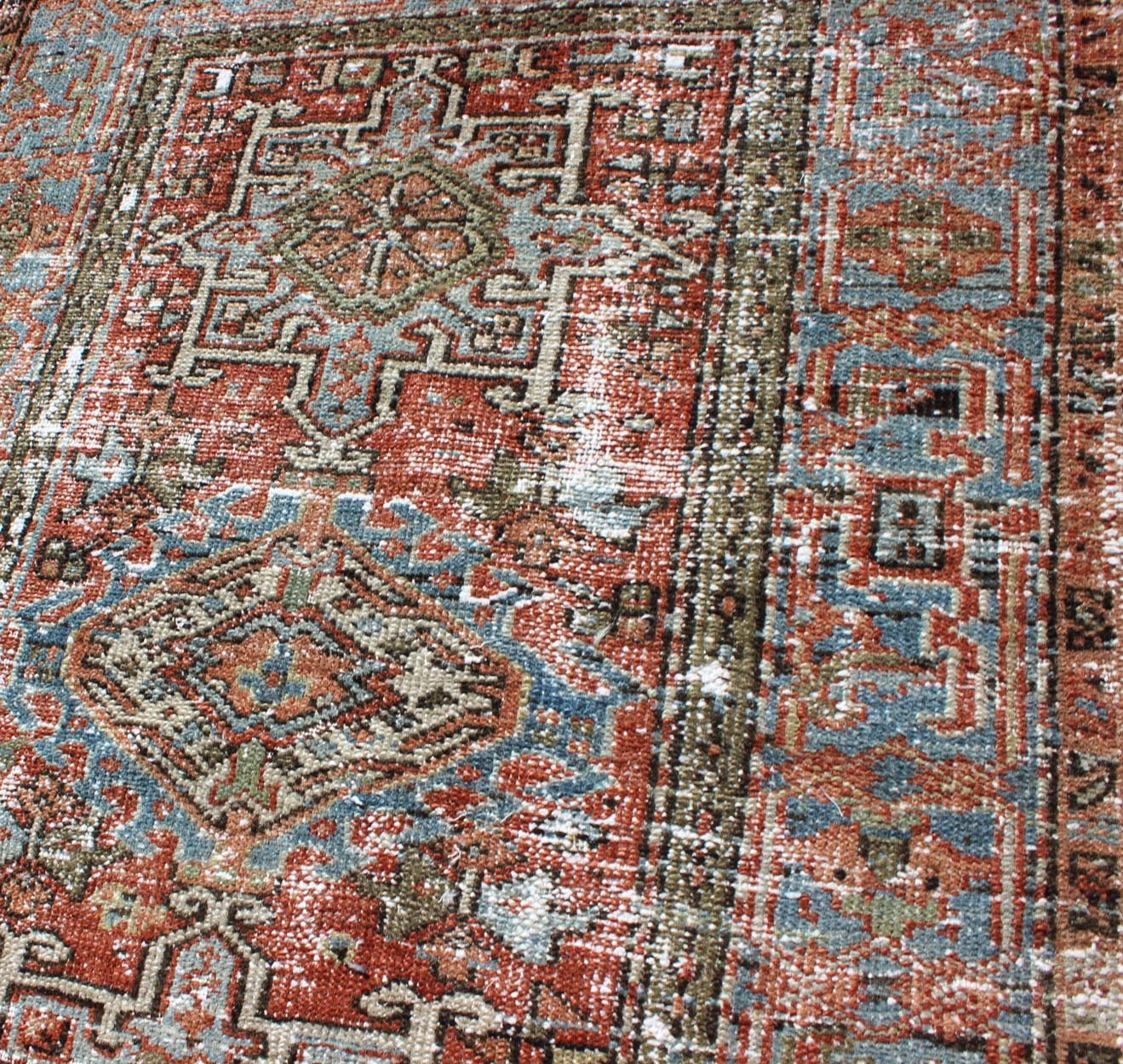Distressed Antique Persian Karadjeh Rug With Geometric Medallions and Accents Persian Karadjeh antique rug with distressed geometric design in shades of red with dark accents, Keivan Woven Arts / rug gng - 4748, country of origin / type: Iran ... - Keivan Woven ArtsGNG - 4748 - 9910Rug
