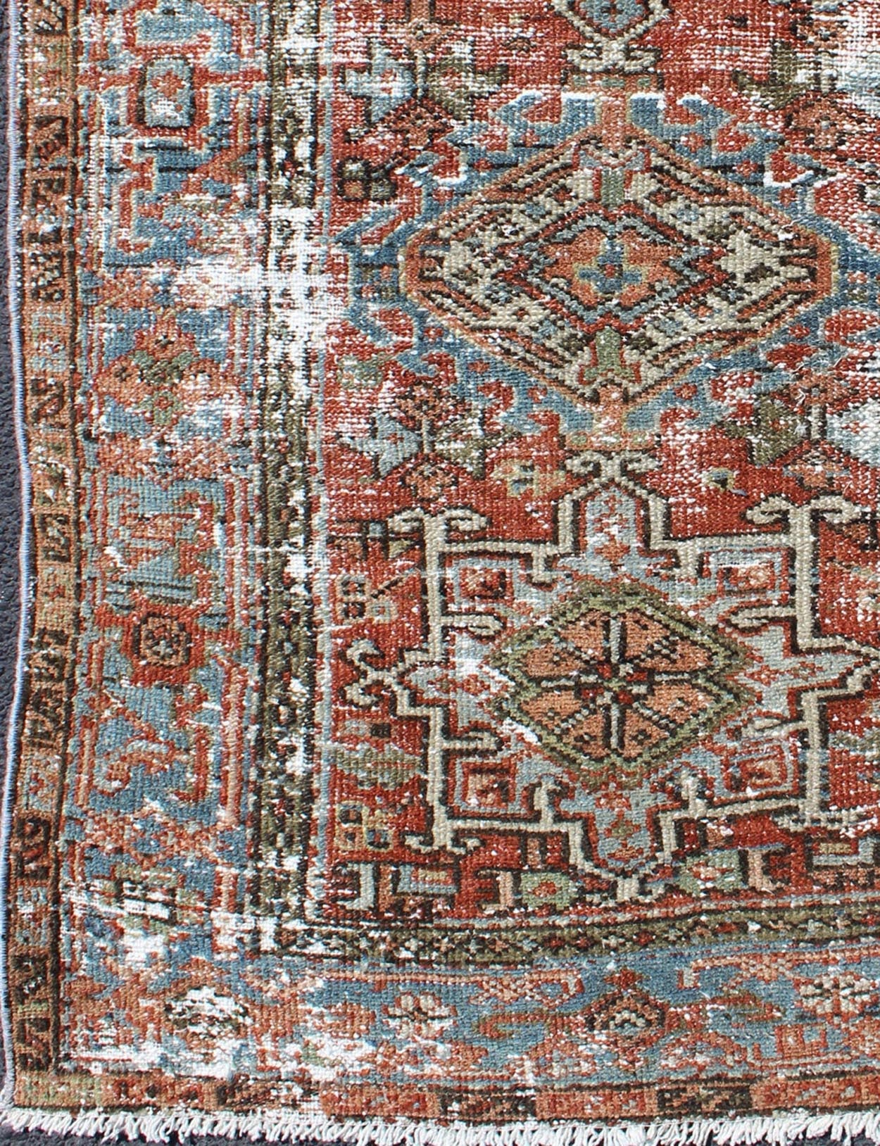 Distressed Antique Persian Karadjeh Rug With Geometric Medallions and Accents Persian Karadjeh antique rug with distressed geometric design in shades of red with dark accents, Keivan Woven Arts / rug gng - 4748, country of origin / type: Iran ... - Keivan Woven ArtsGNG - 4748 - 9910Rug