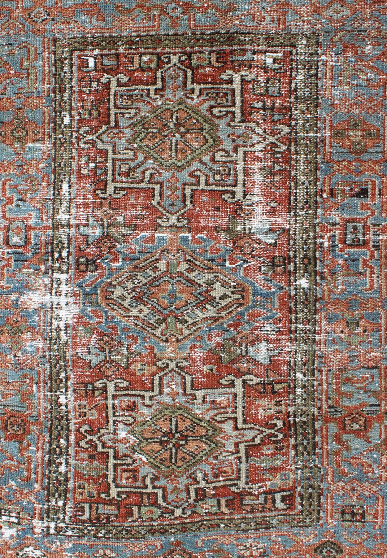 Distressed Antique Persian Karadjeh Rug With Geometric Medallions and Accents Persian Karadjeh antique rug with distressed geometric design in shades of red with dark accents, Keivan Woven Arts / rug gng - 4748, country of origin / type: Iran ... - Keivan Woven ArtsGNG - 4748 - 9910Rug