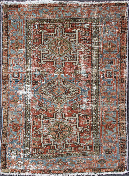 Distressed Antique Persian Karadjeh Rug With Geometric Medallions and Accents Persian Karadjeh antique rug with distressed geometric design in shades of red with dark accents, Keivan Woven Arts / rug gng - 4748, country of origin / type: Iran ... - Keivan Woven ArtsGNG - 4748 - 9910Rug