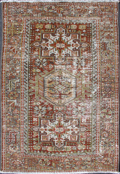 Vintage Persian Karadjeh rug with three medallion geometric tribal design, rug gng - 4749, country of origin / type: Iran / Karadjeh, circa 1930 This early 20th century, handwoven antique Persian Karadjeh rug features a red - colored field imbued wi... - Keivan Woven ArtsGNG - 4749 - 9914Rug