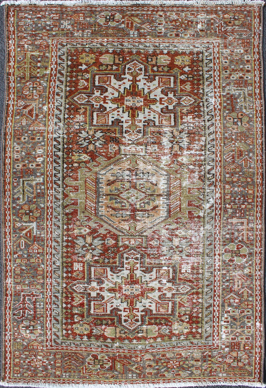 Vintage Persian Karadjeh rug with three medallion geometric tribal design, rug gng - 4749, country of origin / type: Iran / Karadjeh, circa 1930 This early 20th century, handwoven antique Persian Karadjeh rug features a red - colored field imbued wi... - Keivan Woven ArtsGNG - 4749 - 9914Rug