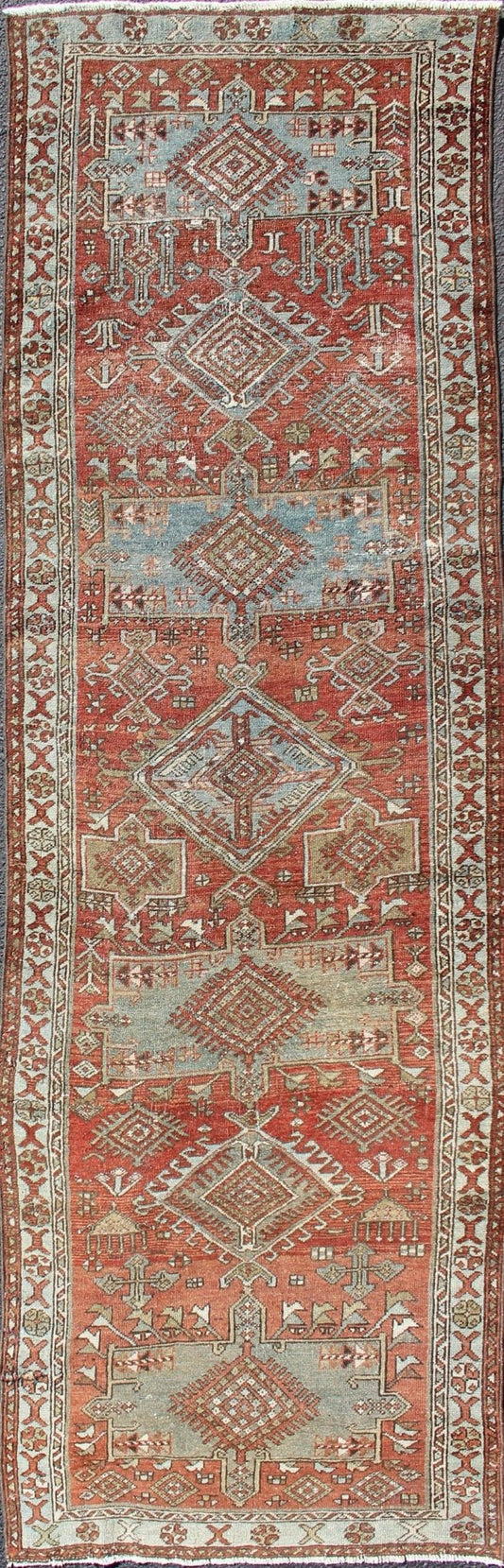 Sub - geometric Medallion design Persian Heriz antique runner in red and gray - blue tones, rug gng - 4750, country of origin / type: Iran / Heriz, circa 1920 This antique Persian Heriz runner, from northwest Iran, displays a geometric medallion desig... - Keivan Woven ArtsGNG - 4750 - 9918Rug