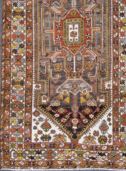 Geometric Medallion Design Vintage Persian Bakhtiari Runner in Orange, Olive, Brown, Ivory, and Gray, rug gng - 4753, country of origin / type: Iran / Bakhtiari, circa 1930 Persian Bakhtiari rugs are in fact tribal pieces that rely upon a repertoi... - Keivan Woven ArtsGNG - 4753 - 9926Rug